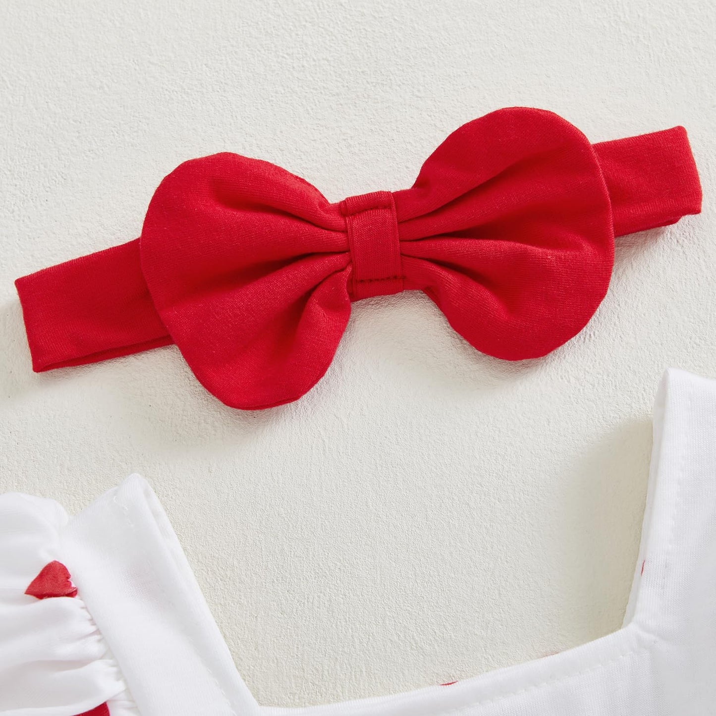 Dcohmch Baby Girls Valentines Day Outfit Heart Print Bow Ruffles Long Sleeve Romper Cute Headband Newborn Clothes (Red, 0-3 Mont