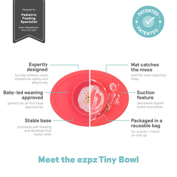 Ezpz Tiny Bowl (Coral) - Silicone Baby Bowl With Suction For 6 Months + - Built-In Placemat - First Foods + Baby Led Weaning - F