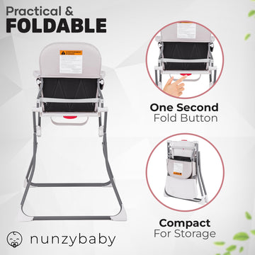 Nunzybaby Slim Foldable High Chair For Babies And Toddlers | Five Point Safety Belt | Collapsible High Chair | Easy Clean Highch
