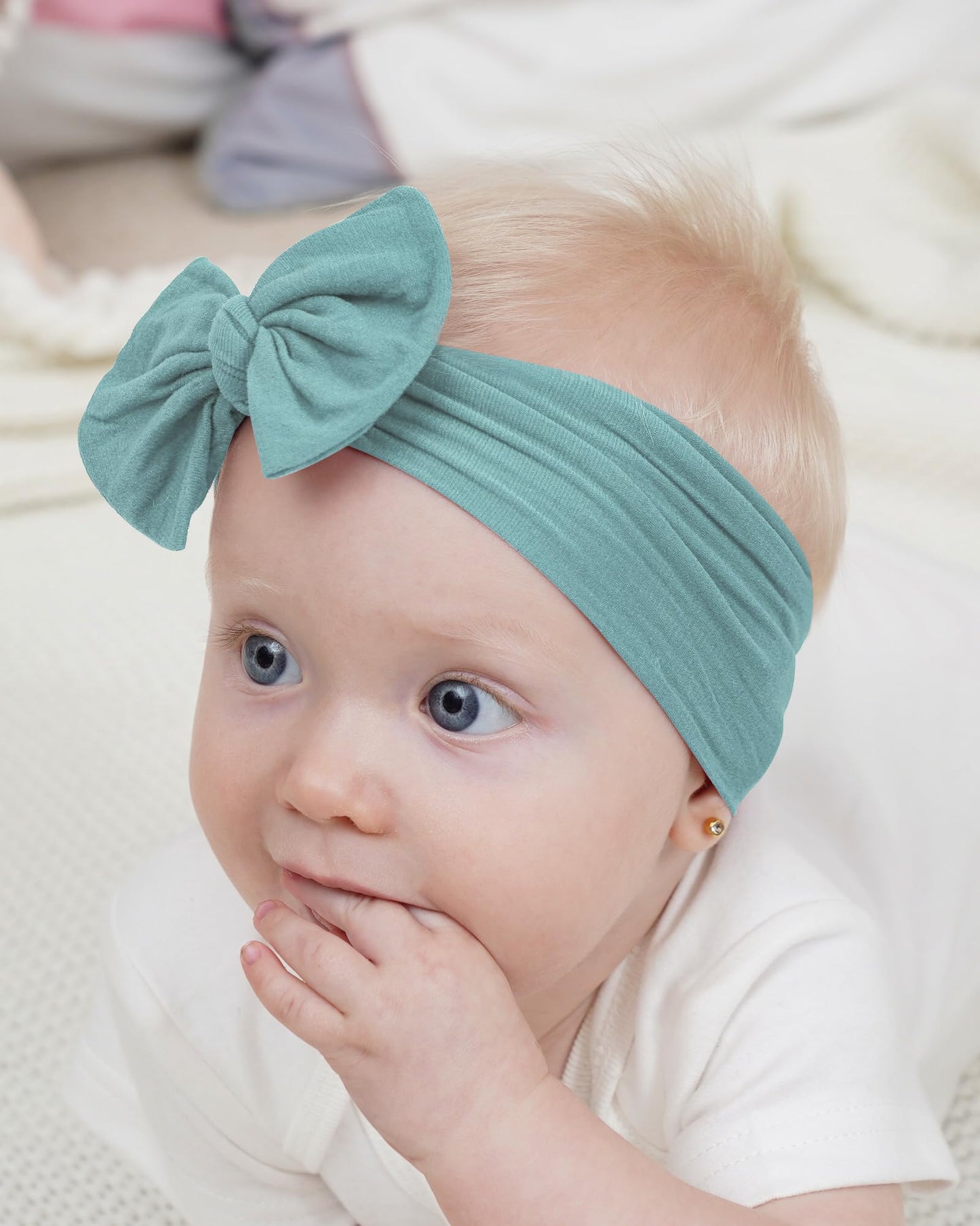 Jollybows 3Pcs Baby Nylon Headbands Hairbands Hair Bow Elastics For Baby Girls Newborn Infant Toddlers Kids (9-Baby Pink+Baby Bl