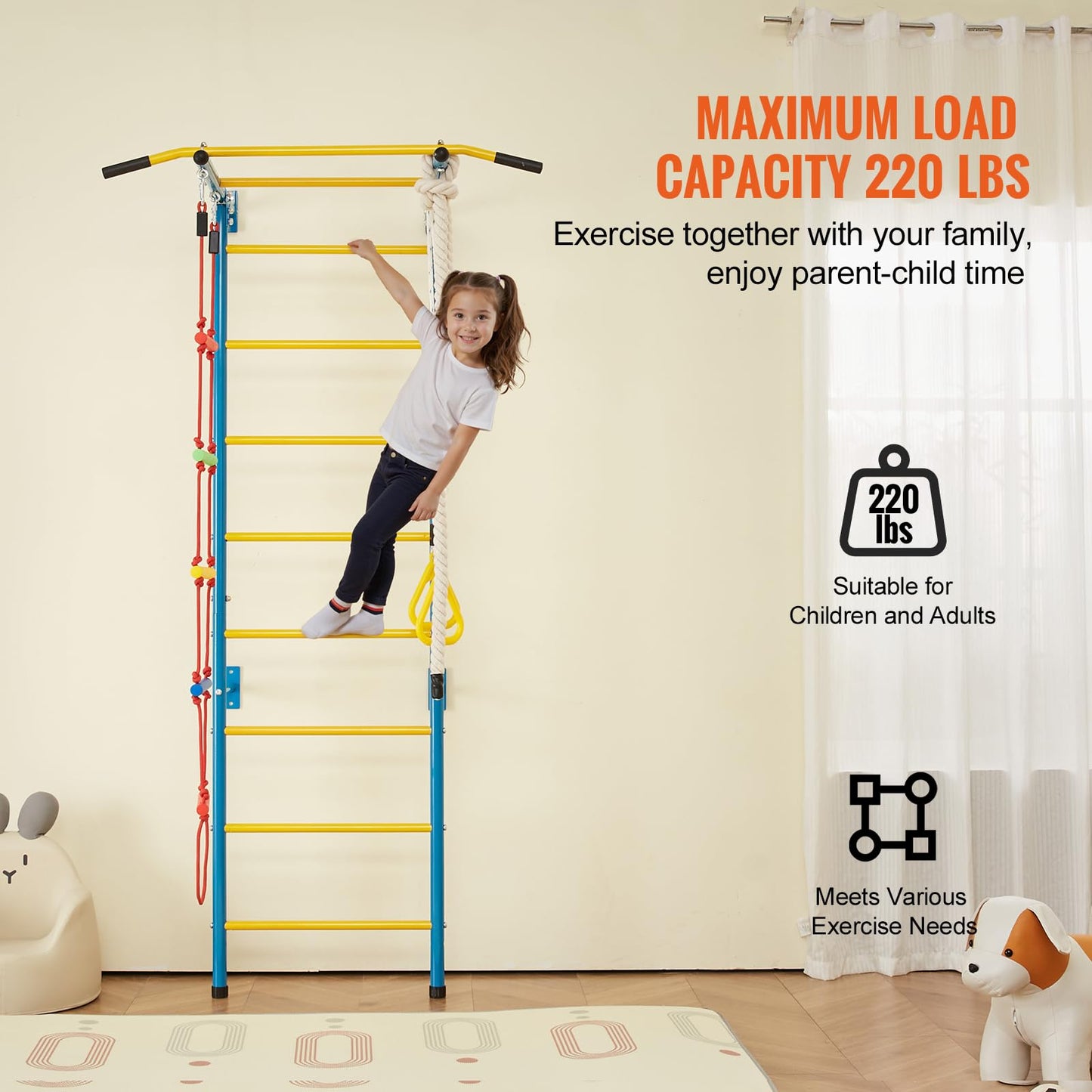 Vevor Indoor Jungle Gym For Toddlers, 5-In-1 Climbing Playset With Carbon Steel Swedish Ladder, Wall Ladder, Pull-Up Bar, Rope L