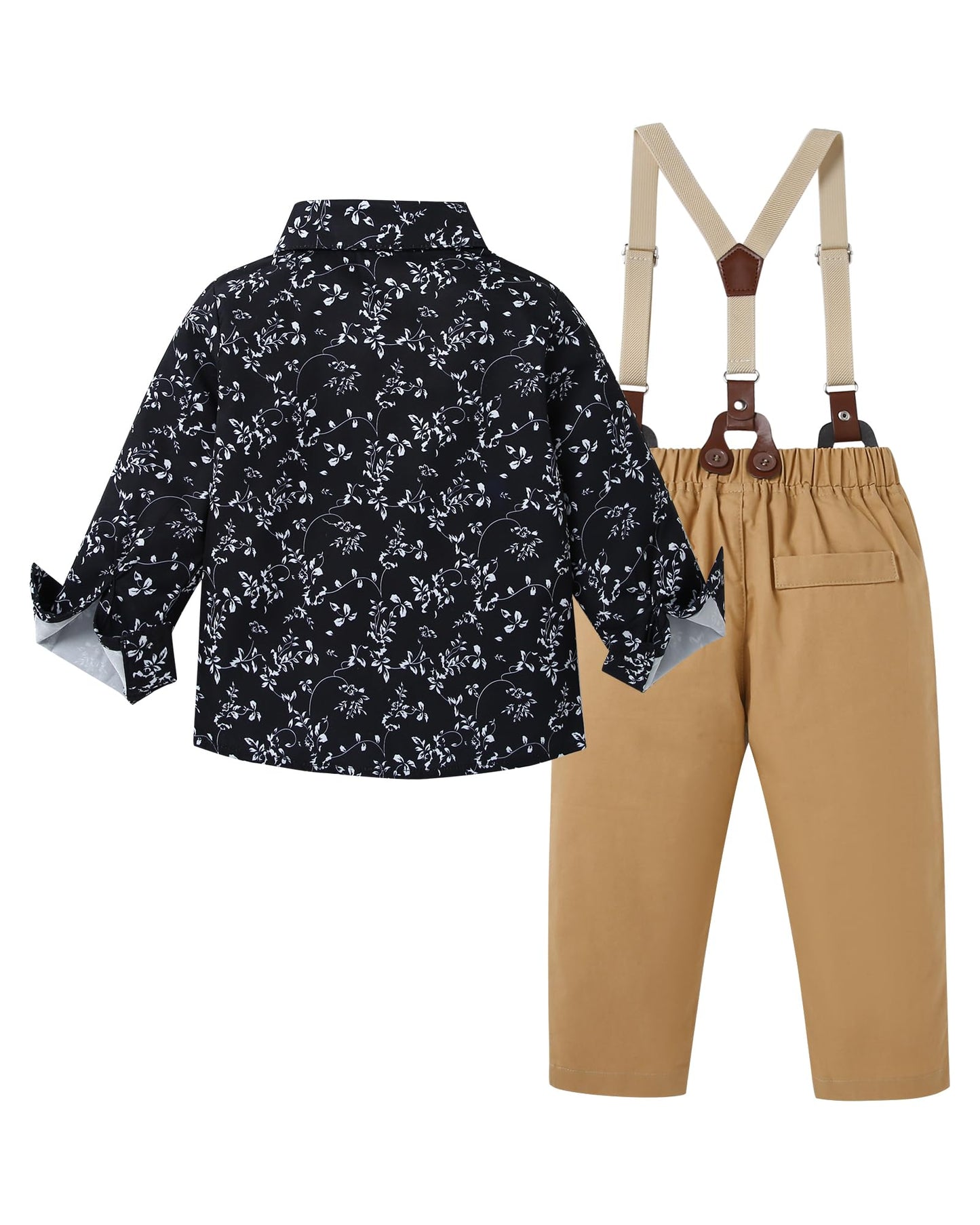 Disaur Toddler Boy Suits Gentleman Wedding Outfits,Formal Dress Shirt+Bowtie +Suspender Pants 12Months-5T(Khaki,3-4T)