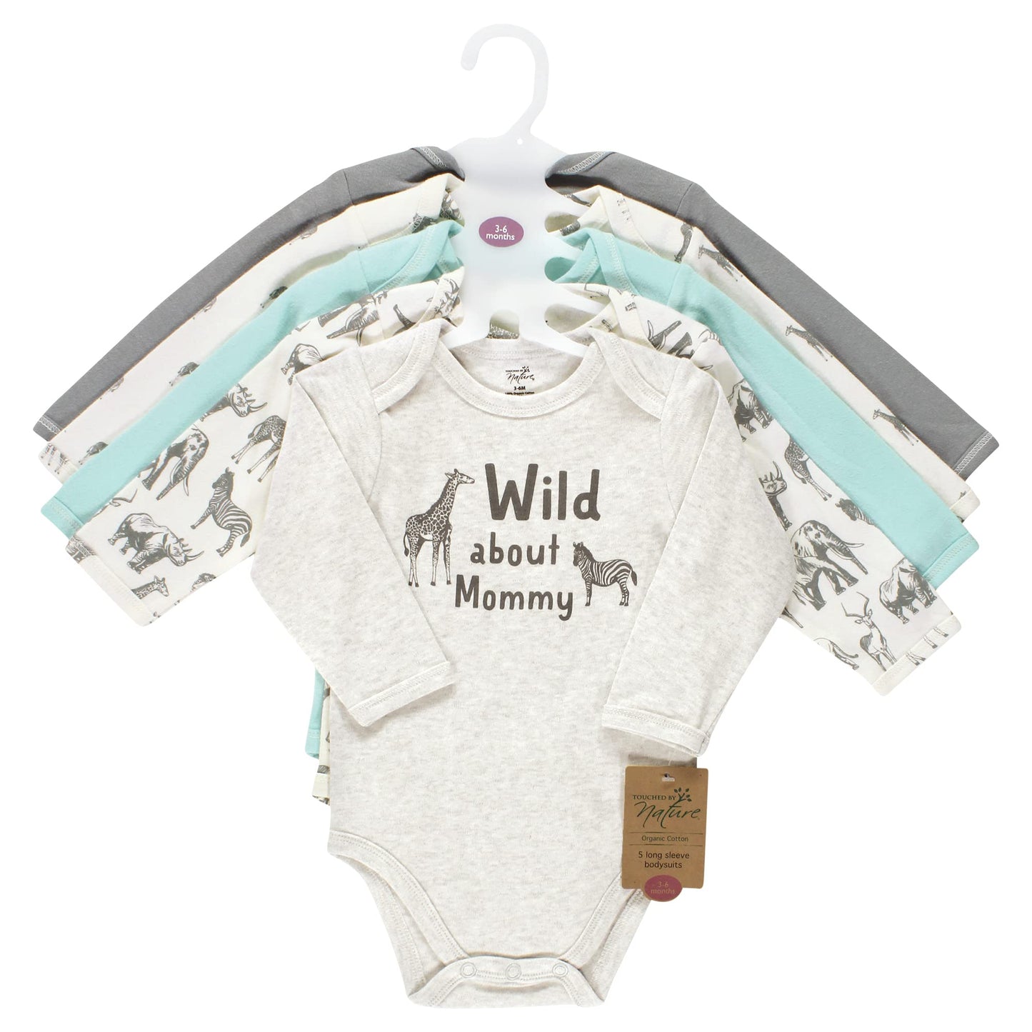 Touched By Nature Unisex Baby Organic Cotton Long-Sleeve Bodysuits, Neutral Safari, 0-3 Months