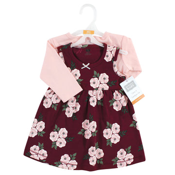 Hudson Baby Baby Girls' Cotton Dress And Cardigan Set, Burgundy Floral, 12-18 Months
