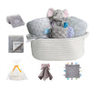 Crevent Baby Welcome Gift Set Storage Basket With Two Blankets+ A Security Blanket + A Taggie + A Gift Bag With Ribbon (Grey)