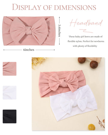 Jollybows 3Pcs Baby Nylon Headbands Hairbands Hair Bow Elastics For Baby Girls Newborn Infant Toddlers Kids (1-Black+White+Pink,