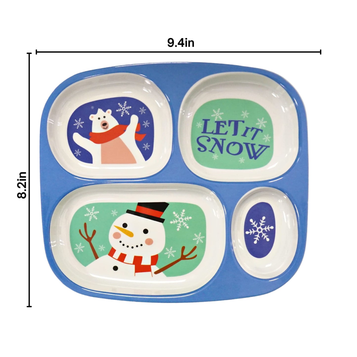 4E'S Novelty Christmas Dinnerware Divided Plates For Kids (Set Of 4) Melamine Plastic Bpa Free Sectional Holiday Dinner Plates,