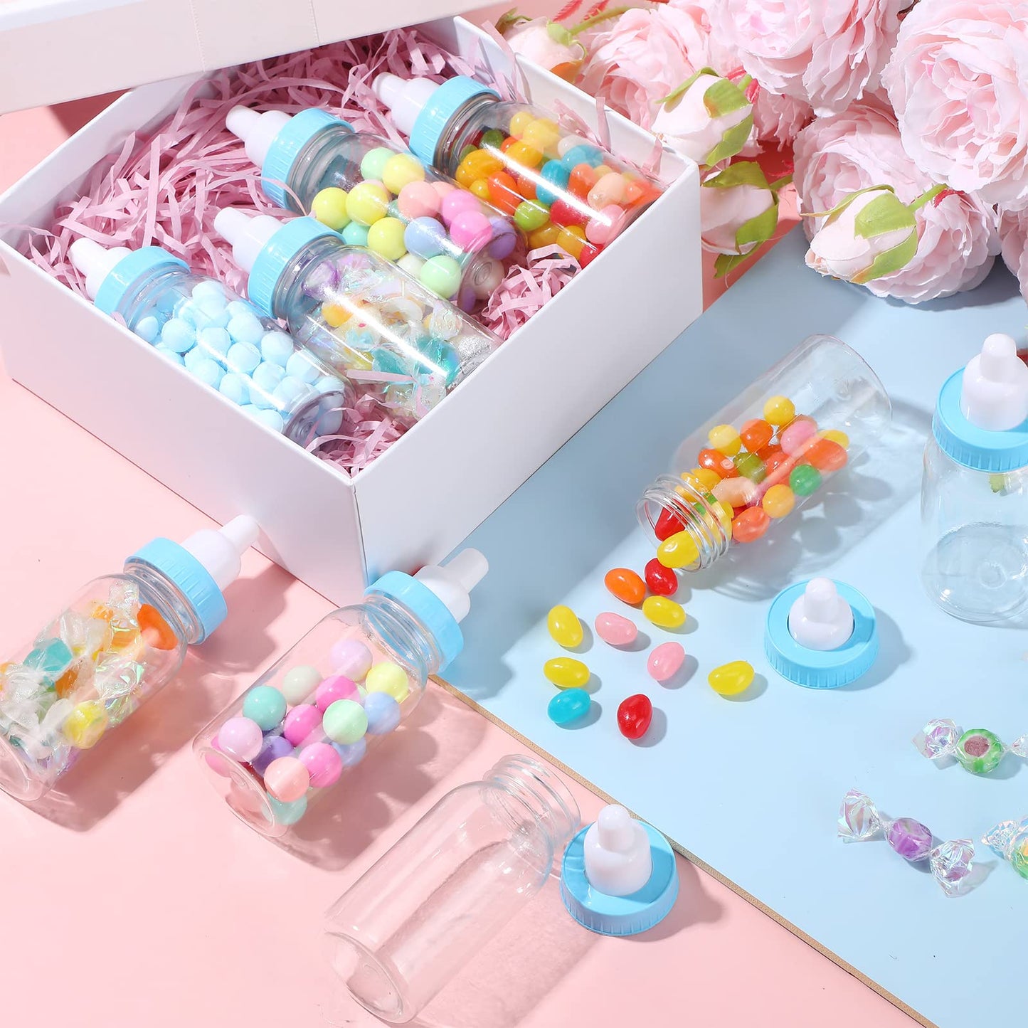 48 Pcs 4.5 Inch Baby Bottle Shower Favor Mini Plastic Candy Bottle Baby Shower Fillable Feeding Candy Box For Party Boy Girl Bir