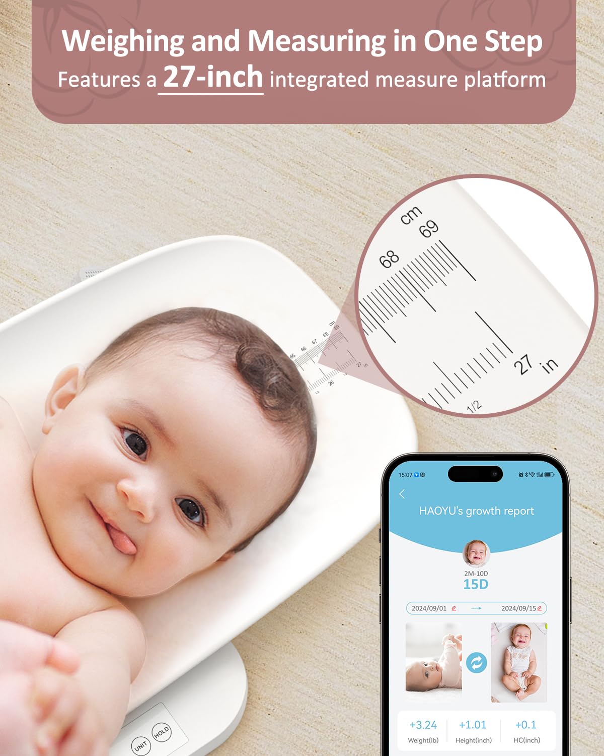 Grownsy Smart Baby/Pet Scale,Digital Baby Weight Scale With App For Tracking Growth Of Infant, Toddler,Puppy,And Cat-Supports Up