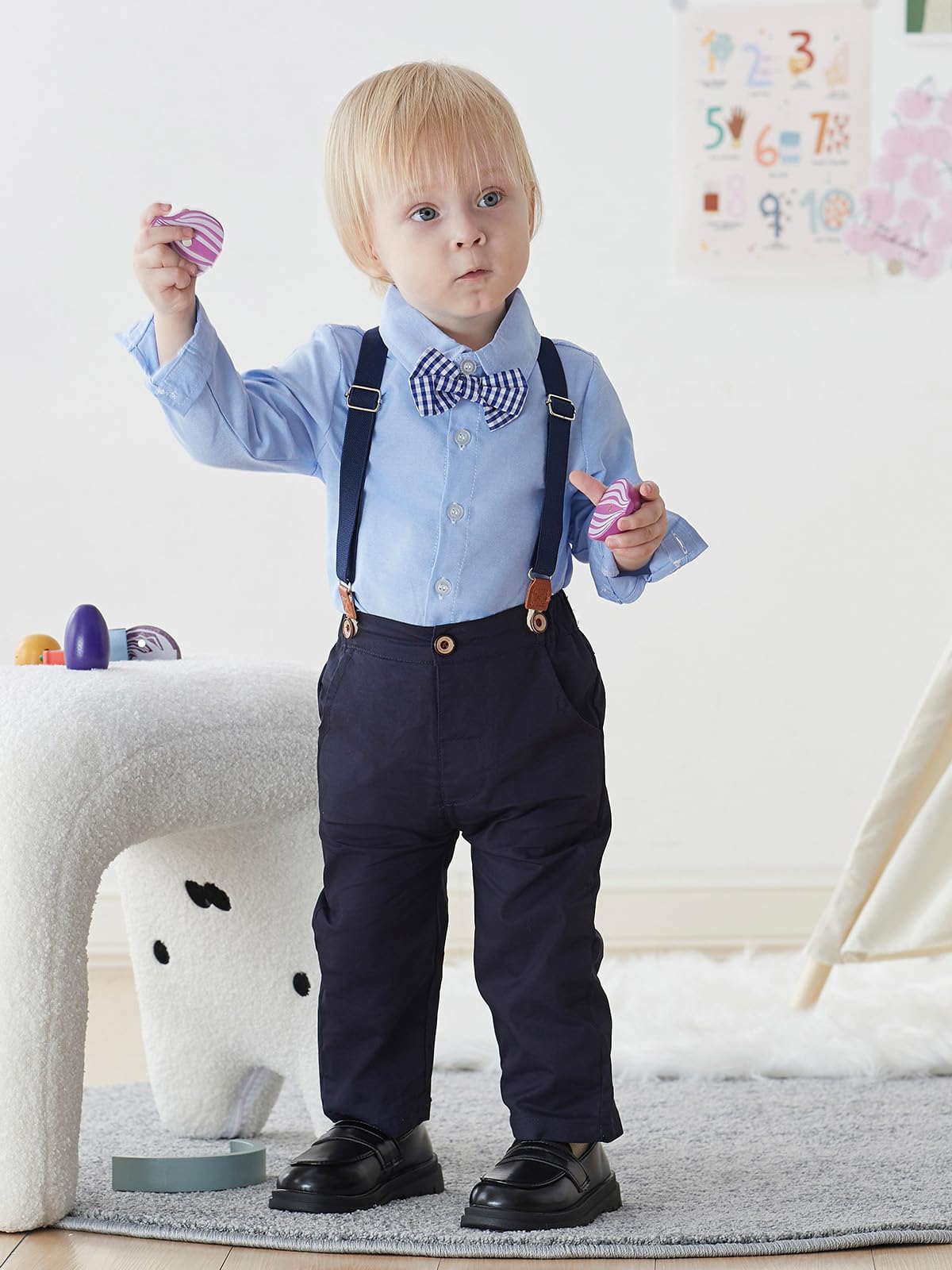 Salnier Toddler Dress Suit Baby Boys Clothes Sets Bowtie Shirts + Suspenders Pants 3Pcs Gentleman Outfits Suits 6 Month - 6 Year