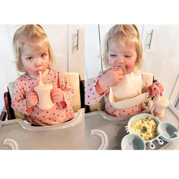 Pandaear Silicone Training Cup, 2 Pack Baby Drinking Sippy Cups With Handles & Straw For Baby And Toddler 6 Months+ (Pink&Grey)