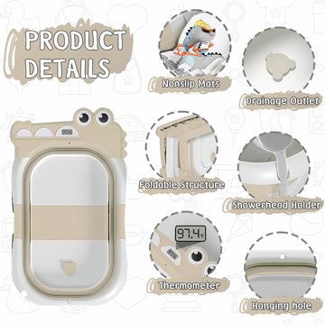 Collapsible Baby Bathtub For Newborn, Alligator Foldable Baby Bath Tub With Thermometer & Soft Floating Cushion & Drain Hole, Po