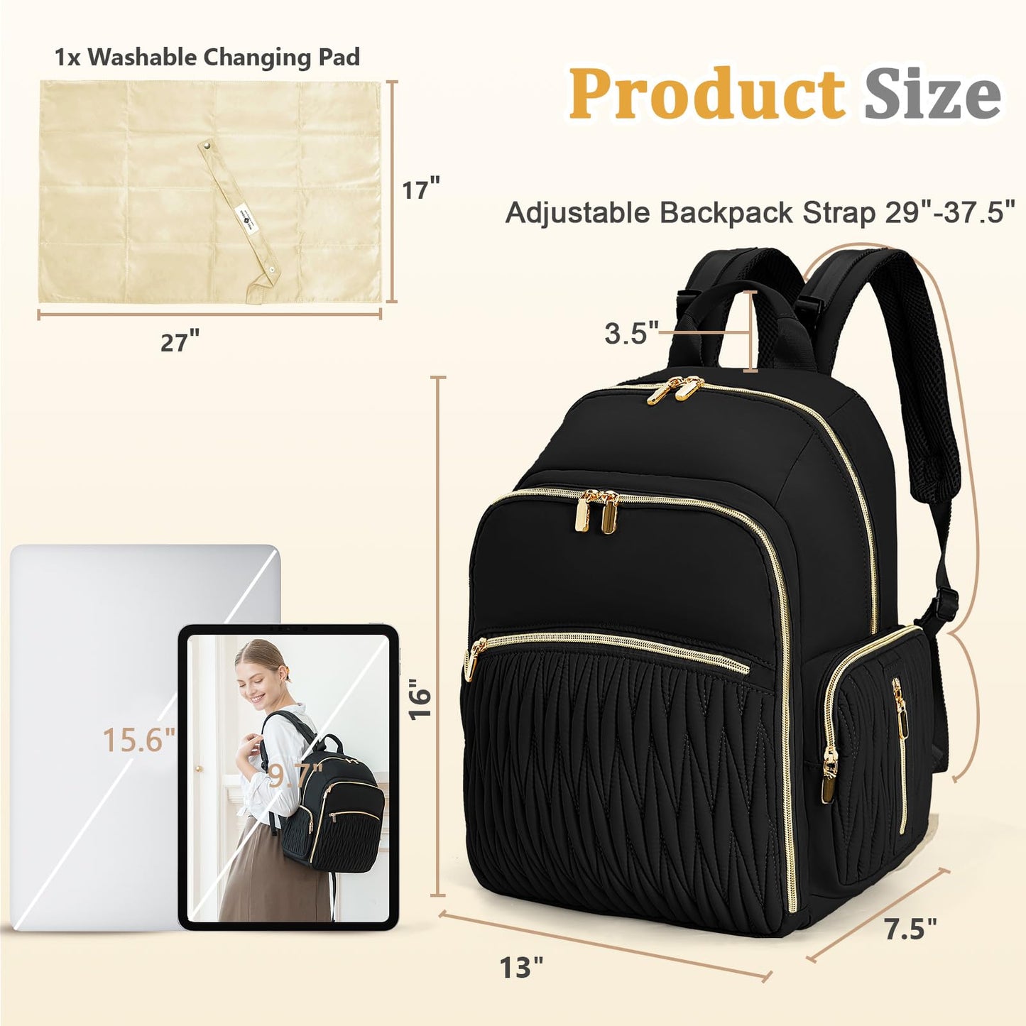 Miss Fong Diaper Bag Backpack - Baby Diaper Bag With Diaper Changing Pad Quilted Travel Diaper Backpack With 16 Pockets Waterpro