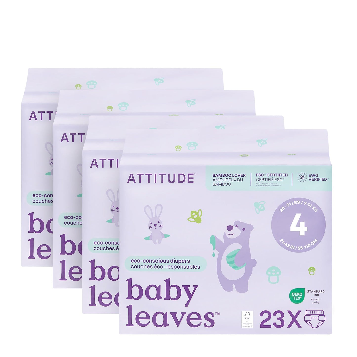 ATTITUDE Eco-Conscious Disposable Diapers, EWG Verified, Size 4 (20-31 lbs), Ultra Absorbent for Baby, Vegan & Plant-Based, 23 C