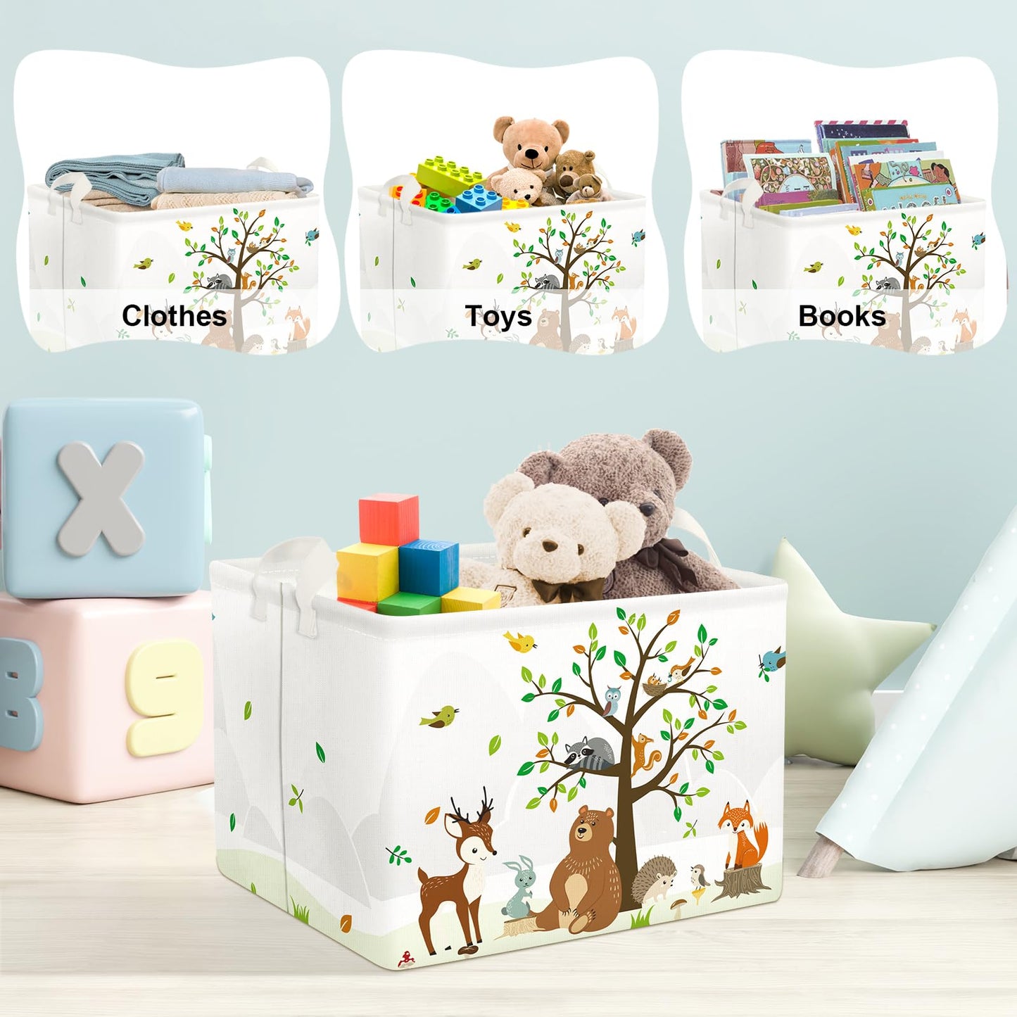 Clastyle Woodland Animals Bear Fox Raccoon Tree Baby Gift Storage Basket Deer Owl Collapsible Rectangular Shelf Basket Toy Book