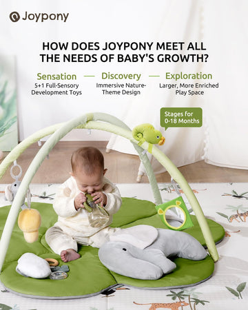 Joypony Baby Play Gyms Mat, Larger Tummy Time Mat With Pillow, Mirror & 5 Sensory Toys, Activity Mat For Babies 0-18 Months, Eas