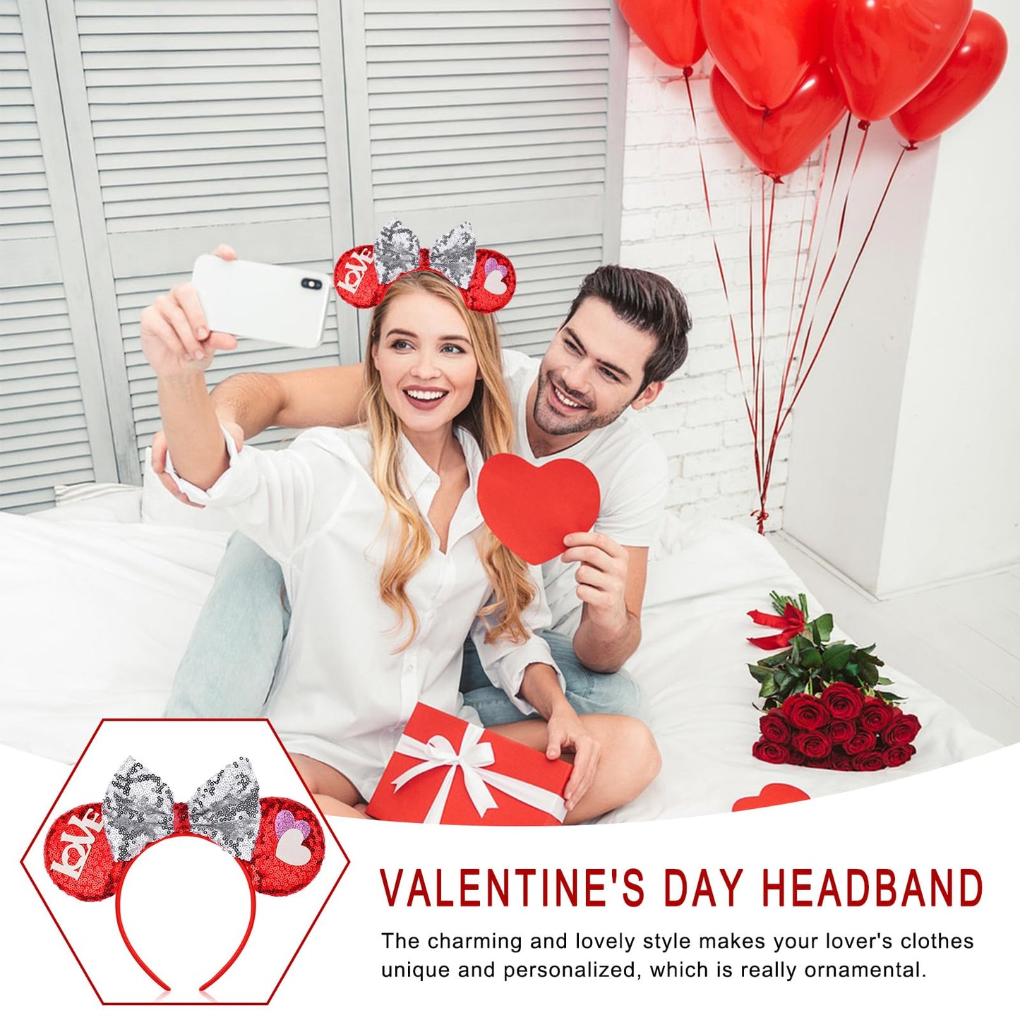 Tebwpiy Valentines Day Headband Hair Bands Mouse Ears Silver Love Lips Bow Sequin Headbands For Women Valentines Day Parties Kid