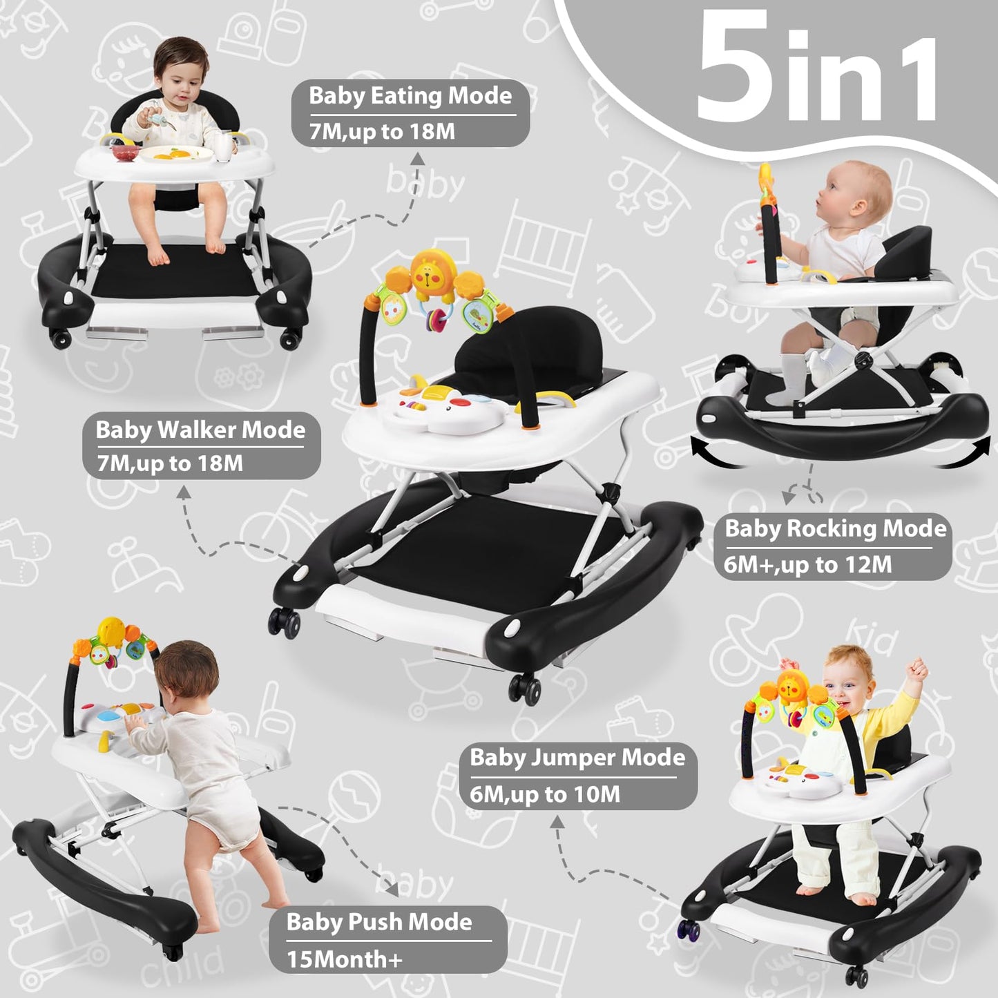 Refoerebabe Baby Walker With Wheels, 5 In 1 Baby Walkers For Boys Girls 6-12 Months, Foldable Walker Baby With Bouncer & Feeding