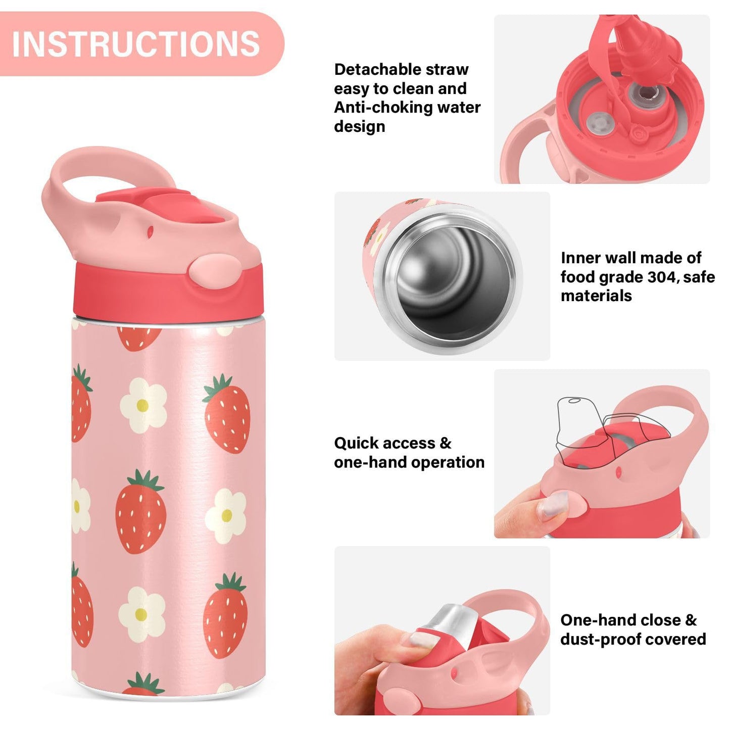 Strawberry Flowers Cute Girls Water Bottle With Straw And Carry Handle Pink Vacuum Insulated Stainless Steel Bottles Leak-Proof