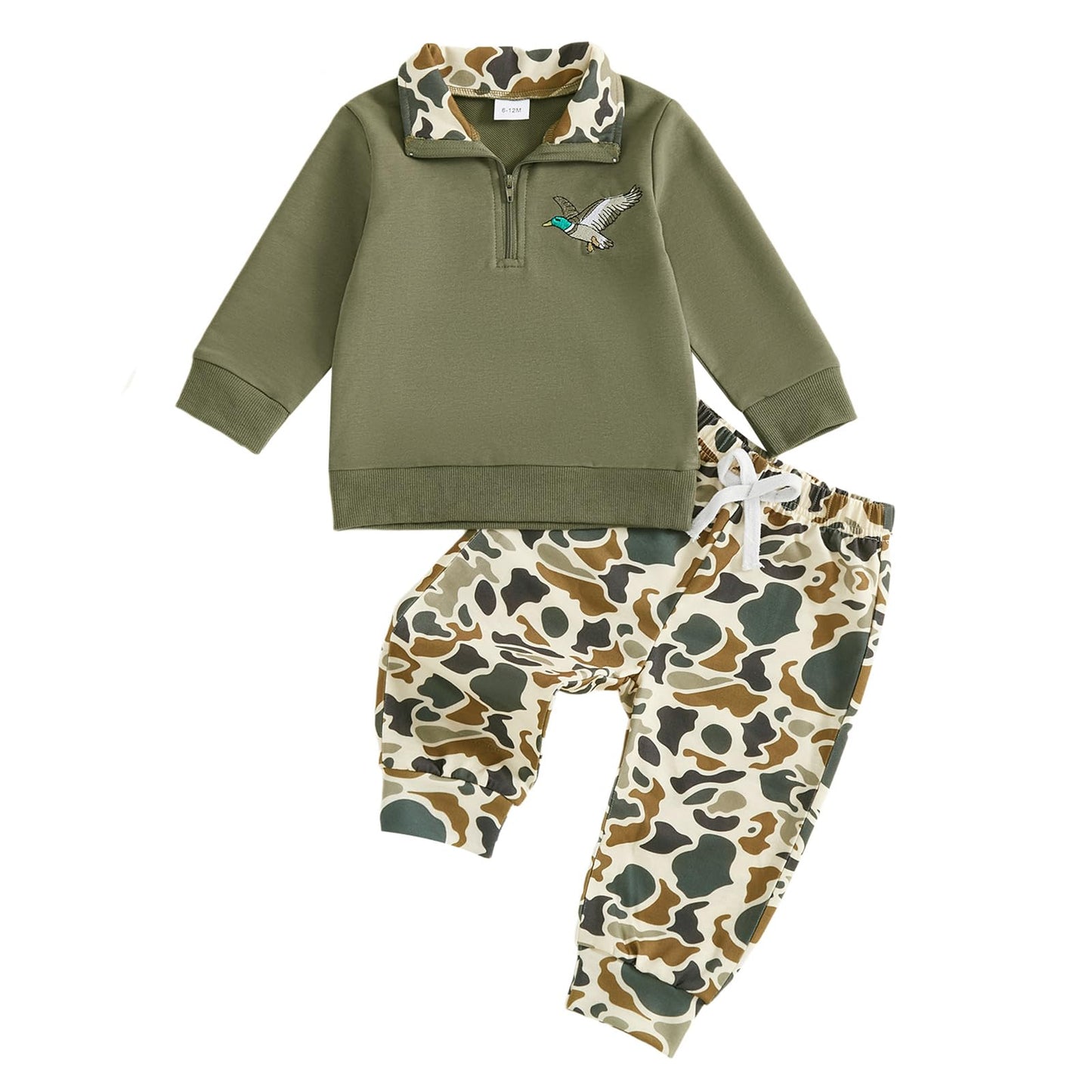 VISGOGO Toddler Baby Boy Hunting Outfit Duck Half Zip Long Sleeve Sweatshirt Pants Set 2 Fall Camouflage Clothes (Green, 18-24 M