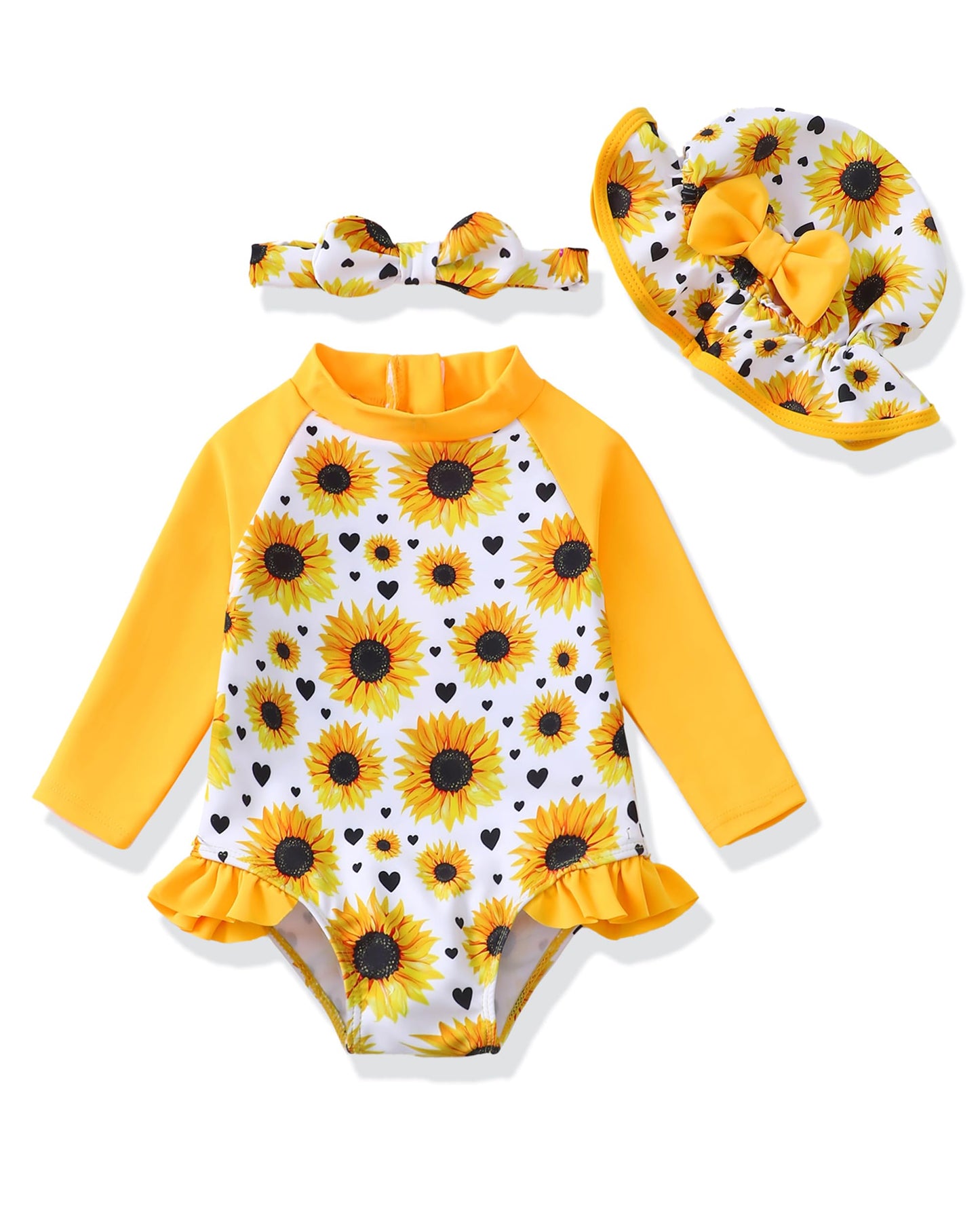 Baby Girl Swimsuit 12-18 Months 18 Month Swimsuit Girl Long Sleeve Swimsuit Ruffle One-Piece Rash Guard Yellow Sunflower Baby Ba