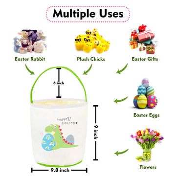Cerlaza Easter Gift Basket Empty For Kids Canvas Tote, Easter Dinosaur Holding Eggs Hunt Basket With Handle For Toys Carrying, C