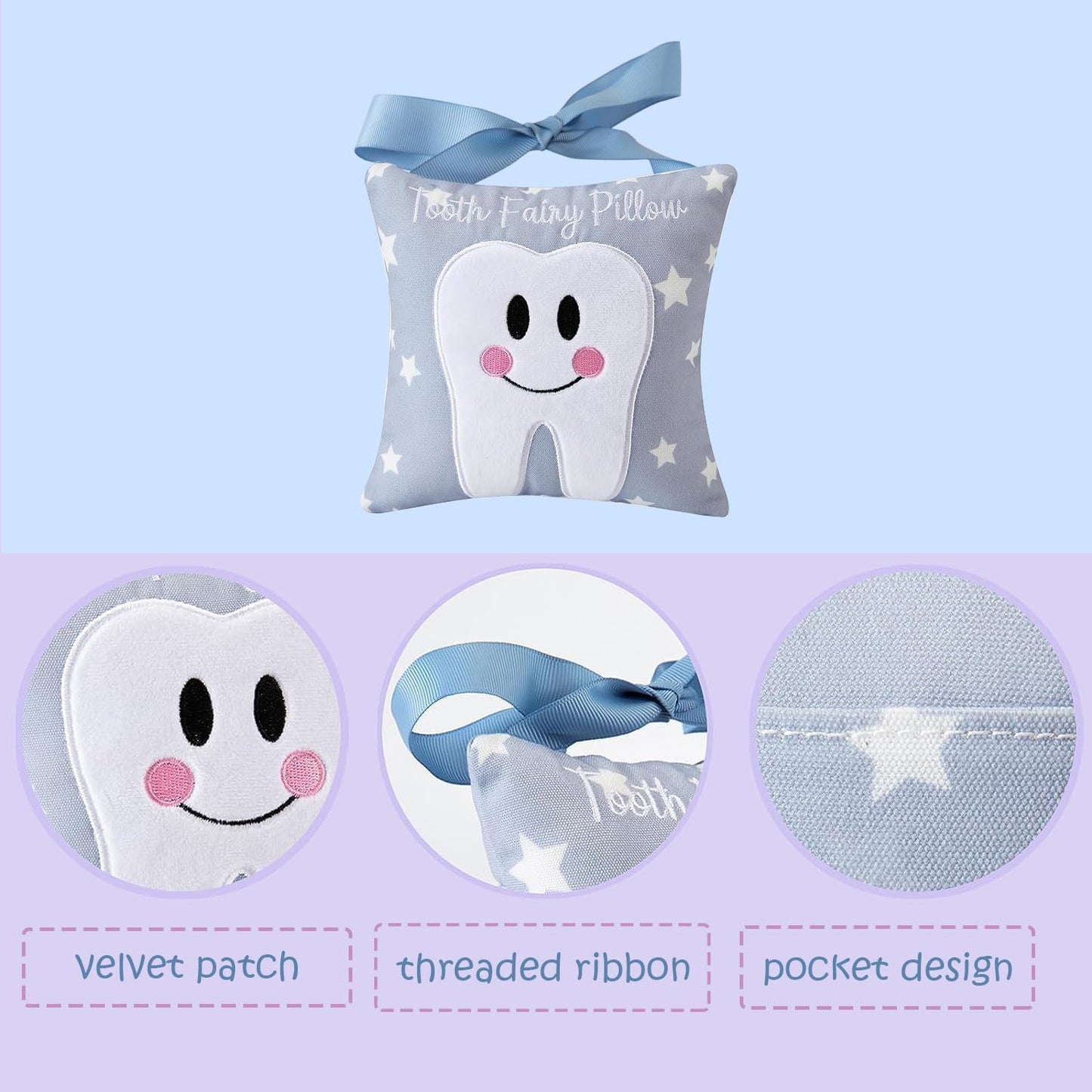 Xunboo Tooth Fairy Pillow With Pocket For Kids Tooth Keepsake Pouch Tooth Fairy Bag On Back Toothfairy Gift For Boys And Girls,
