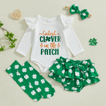 Beqeuewll Baby Girl St Patricks Outfit Letter Print Long Sleeve Romper Tutu Skirt Headband Set Newborn Baby Girls Clothe (Clover