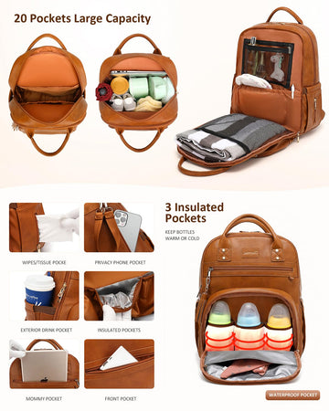 Rosegin Vegan Leather Diaper Bag Backpack With Changing Pad Pacifier Case,Travel Baby Bag For Boy Girl Toddler Mom-Large,Stylish