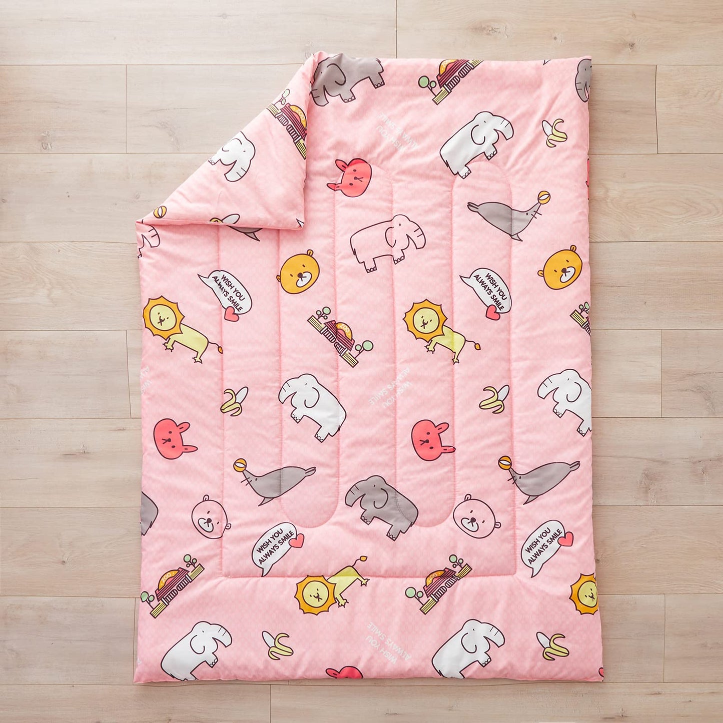 Flysheep 4 Pieces Pink Toddler Bedding Set, Elephant Lion Animals Printed For Baby Girls - Includes Quilted Comforter, Flat Shee