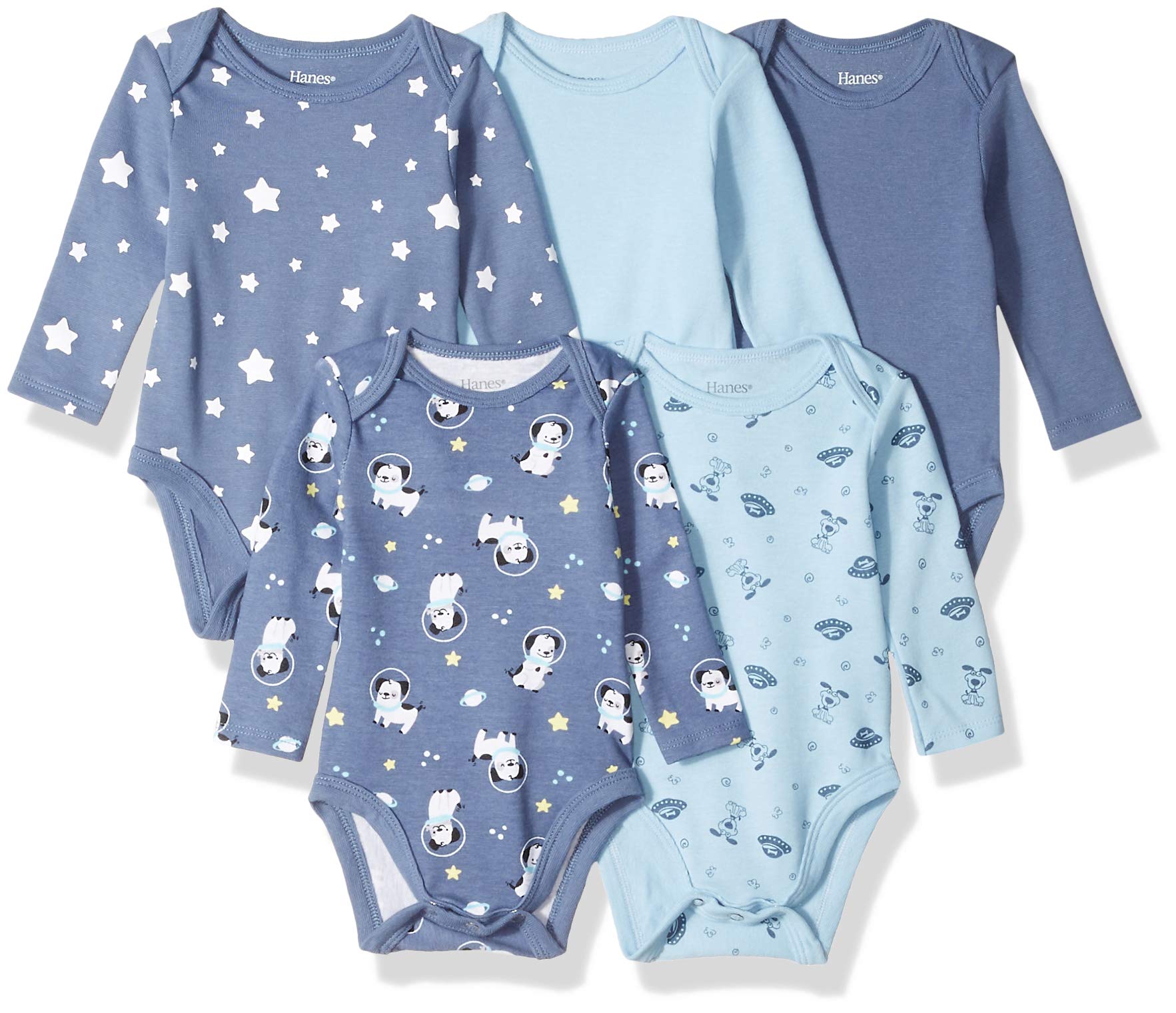 Hanes Baby Long Sleeve, Ultimate Flexy Bodysuits Boys & Girls, 5-Pack, Sky, 0-6 Months