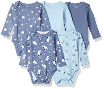 Hanes Baby Long Sleeve, Ultimate Flexy Bodysuits Boys & Girls, 5-Pack, Sky, 0-6 Months