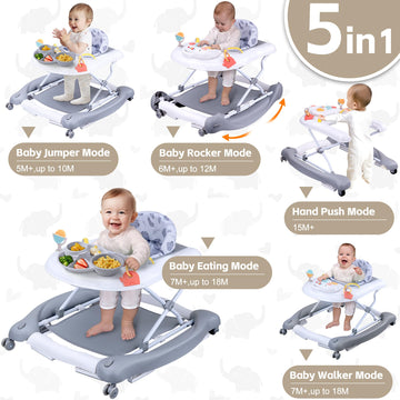 Foldable Baby 5-In-1 Activity Walker - Rocker, Activity Center, Bouncer, Seat, Push Walker - Adjustable Speed Rear Wheels And He