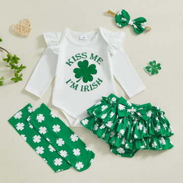 Beqeuewll Baby Girl St Patricks Outfit Letter Print Long Sleeve Romper Tutu Skirt Headband Set Newborn Baby Girls Clothe (Irish
