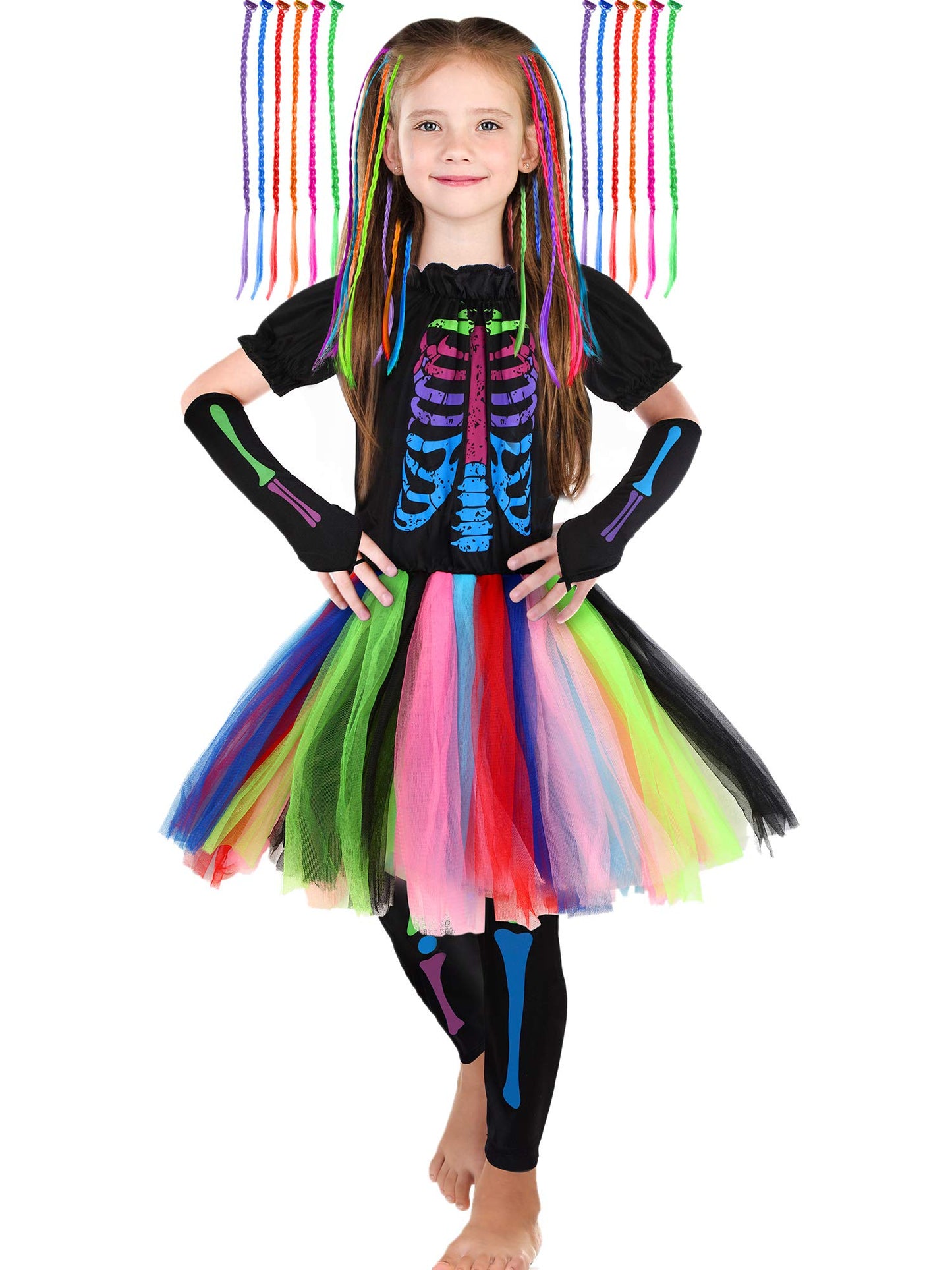 SATINIOR Rainbow Skeleton Costume Halloween Costumes for Girls Funky Bones Costumes set with 12 Pcs Hair Extensions(L,Rainbow Co