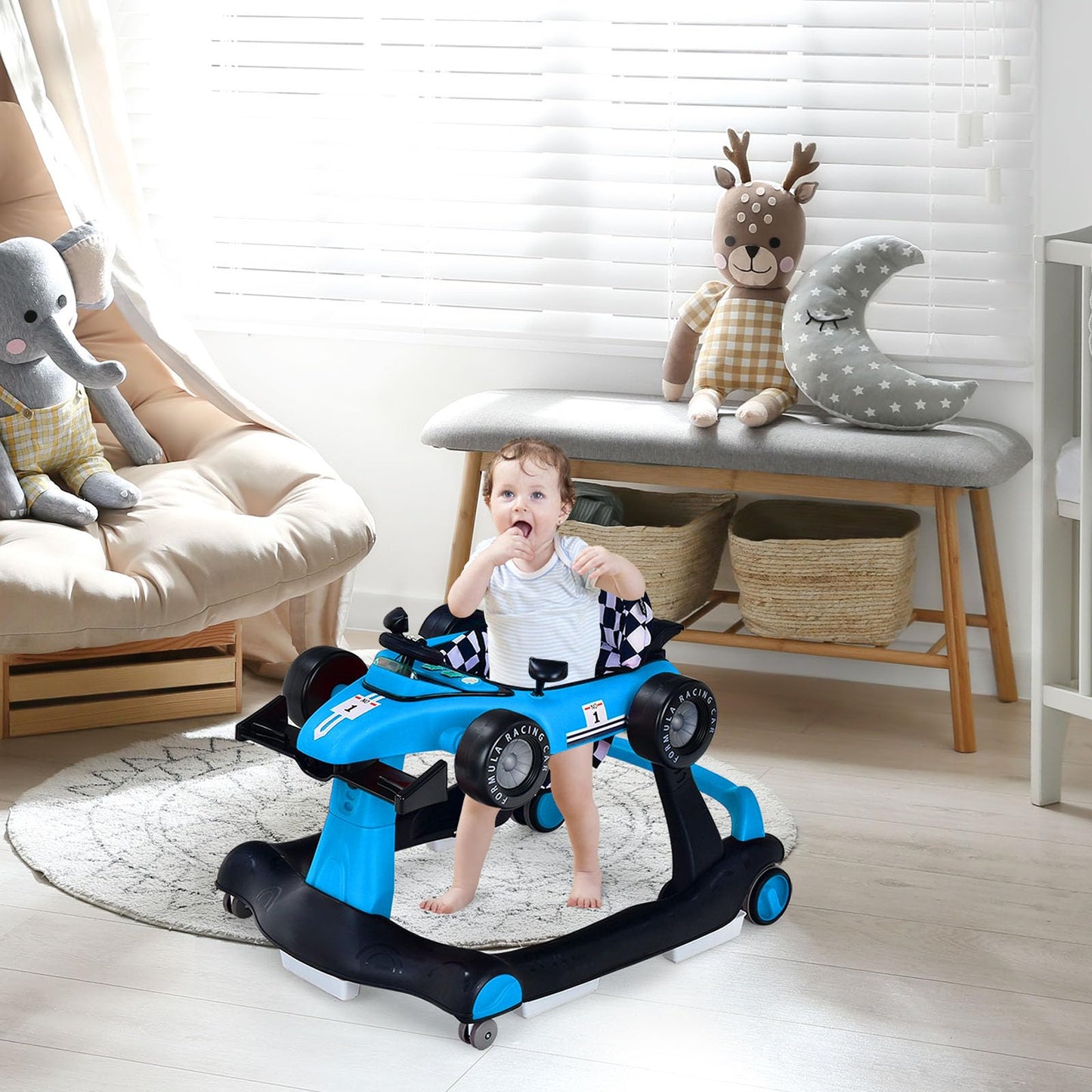 S Afstar 5-In-1 Baby Walker, Foldable Activity Car Walker With Adjustable Height Seat And Speed, Noiseless Smooth Wheels, Music