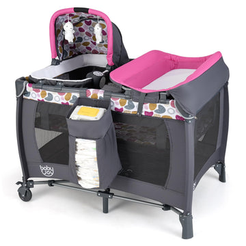 Baby Joy 5 In 1 Pack And Play, Portable Baby Playard W/Bassinet & Diaper Changing Table, Infant Nursery Center Pink Bassinet Wit