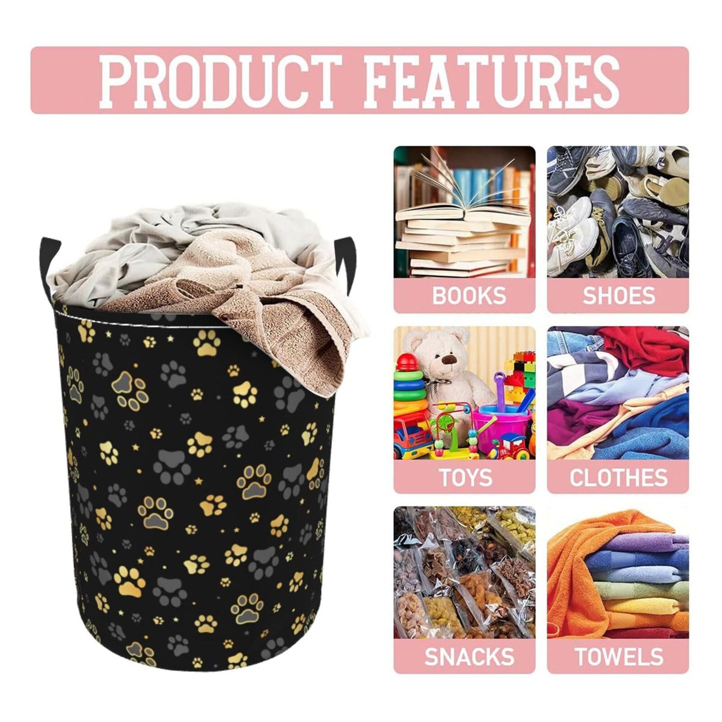 Gbuzozie Golden Dogs Animal Paws Round Laundry Hamper Storage Basket Toys Clothes Organizer Bin For Home Bathroom Bedroom Dorm N