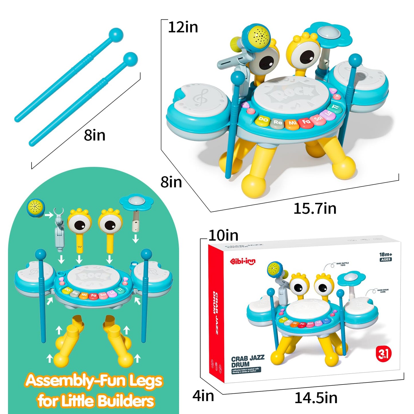 Toddler Drum Set for Kids 1-3, Baby Drum Set 1 Year Old with Light-Up Microphone, Musical Instruments Montessori Learning Toys f