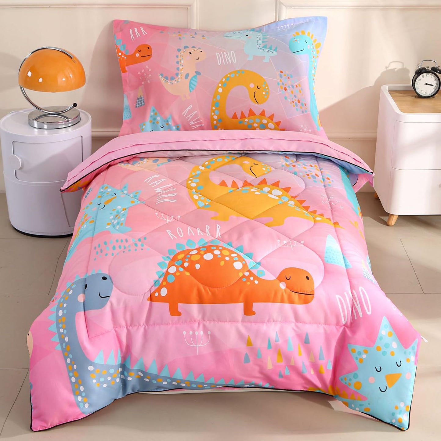 Wowelife Dinosaur Toddler Bedding Set For Girls, Premium 4 Piece Dinosaur Toddler Comforter Bed Set Pink, Super Soft And Comfort