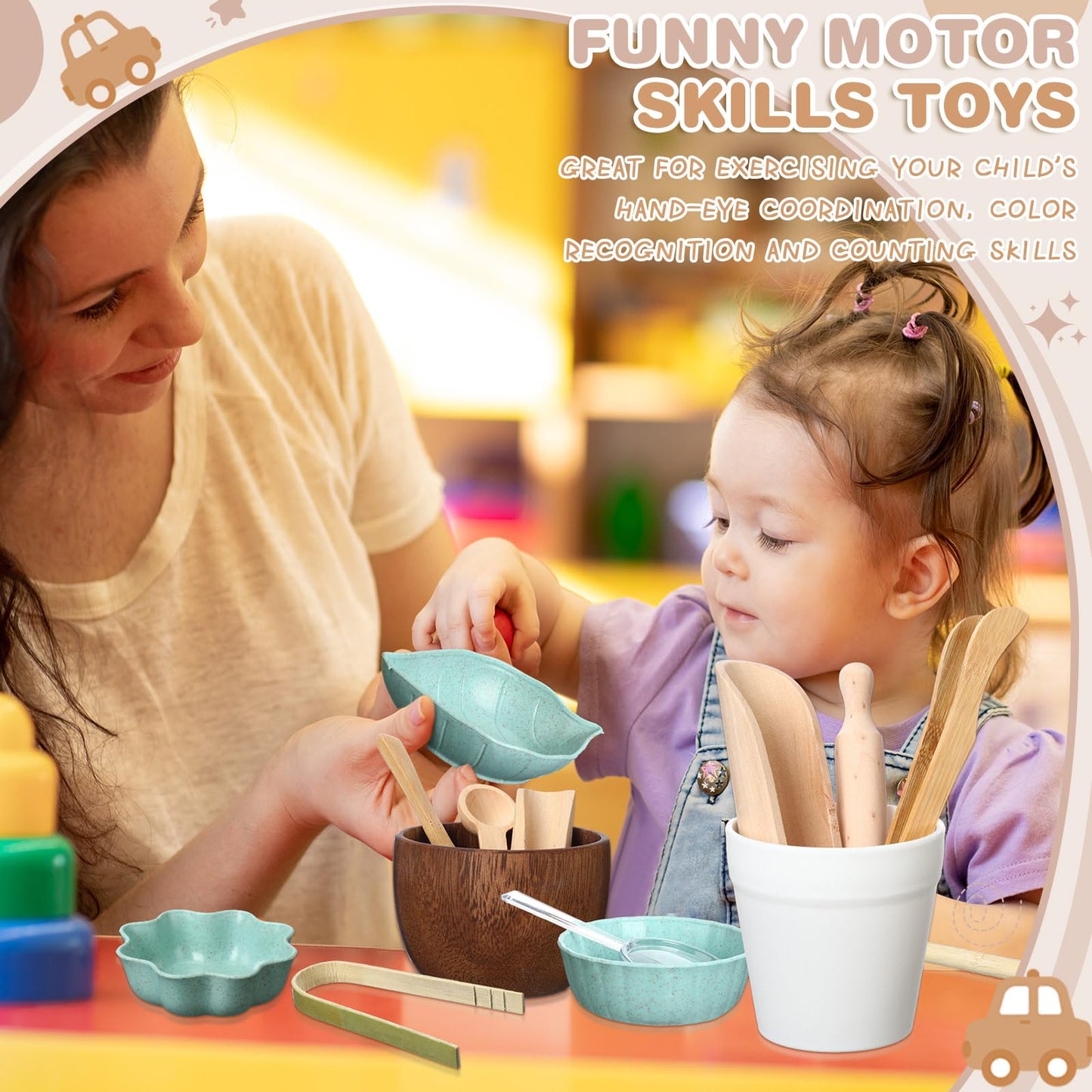 Tiangrid 14pcs Sensory Bin Tool Sensory Tools for Boys and Girls Fine Motor Skill Toys Wooden Tong Spoons Bowls Plate Hammer Mag