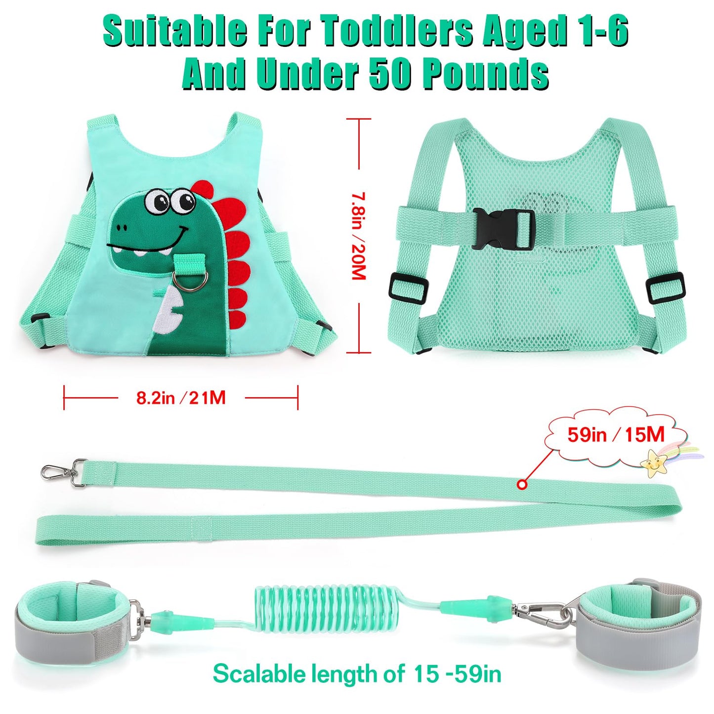 Toddler Leash-Baby Walking Safty Harness And Child Anti Lost Wrist Link For Girls/Boys Travel (Green)