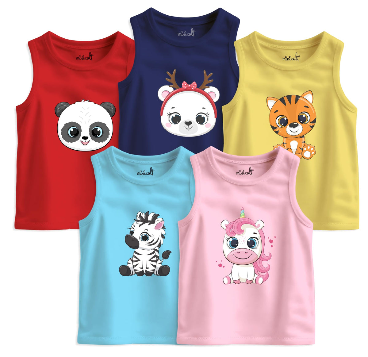 Minicult Kids Cotton Regular Fit Vests In Cute Character Prints (Yellow)(Pack Of 5)(23 Years)