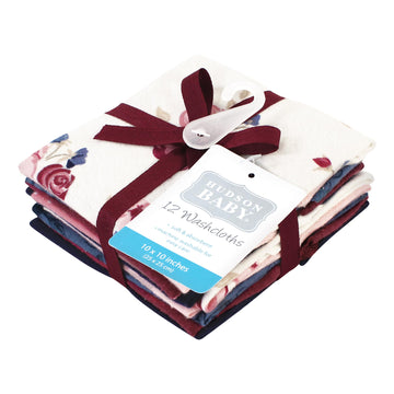 Hudson Baby Unisex Baby Flannel Cotton Washcloths, Dusty Rose Floral 12 Pack, One Size