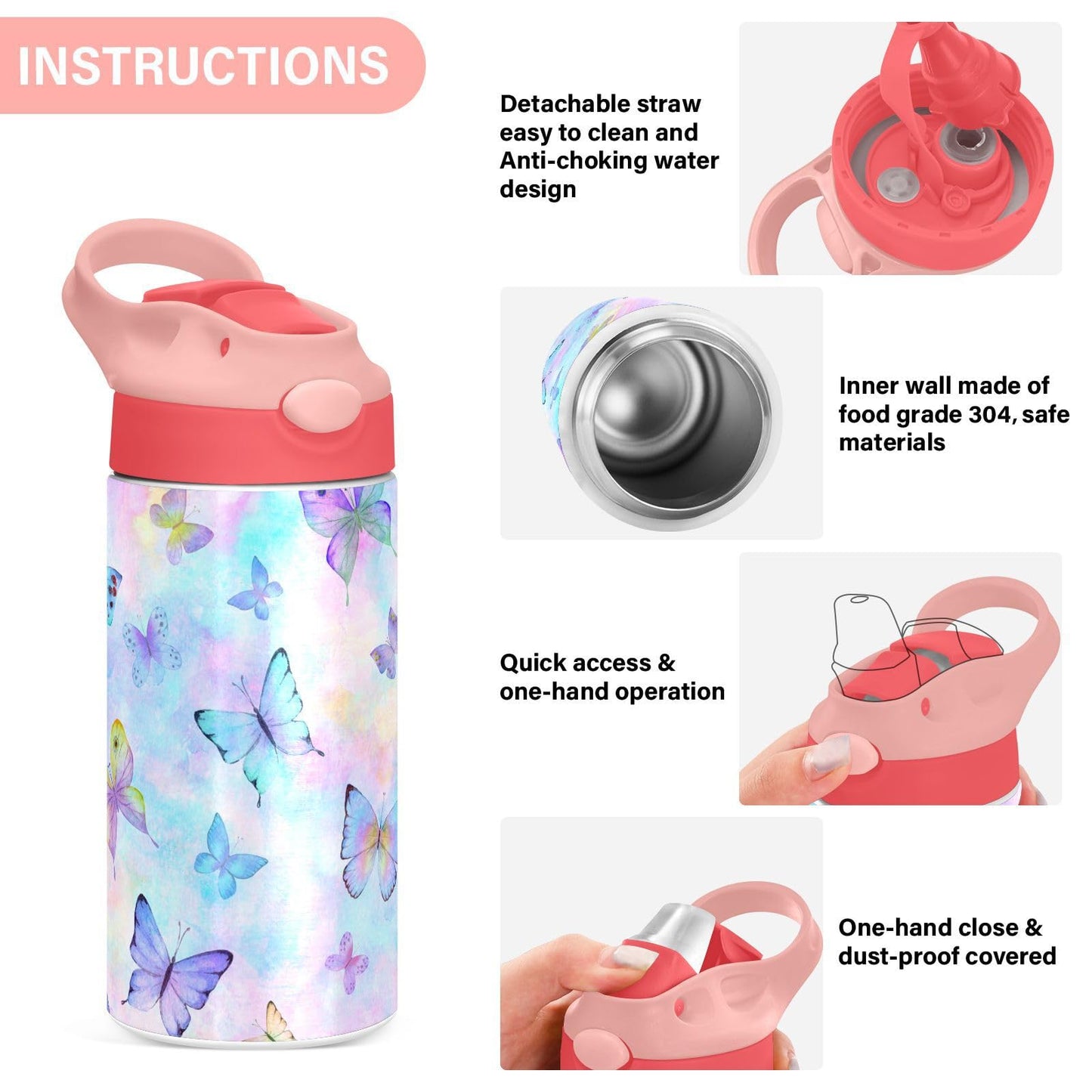 Butterfly Girls Water Bottle With Straw And Carry Handle Rainbow Cute Animals Vacuum Insulated Stainless Steel Bottles Leak-Proo