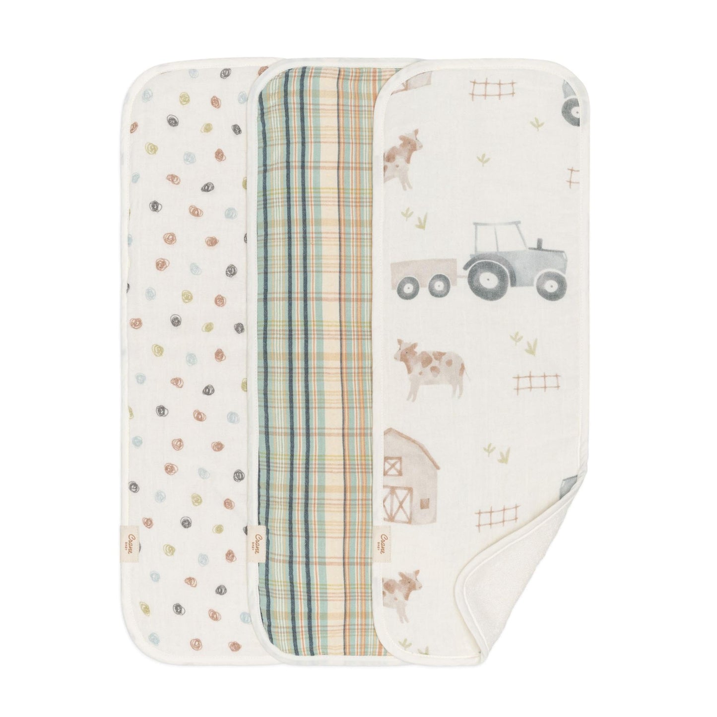 Crane Baby Burp Cloths Set, 3-pc. Charlie Farmhouse Tractor Collection, Soft 100% Cotton Muslin Burp Cloths for Baby Boys and Gi