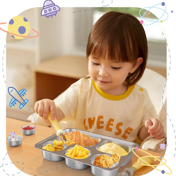 Bakpoco Stainless Steel Divided Plate For Kids Toddler, Non Toxic Portion Control Plate Dinner Plate With Lid For Adults Weight