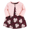 Hudson Baby Baby Girls' Cotton Dress And Cardigan Set, Burgundy Floral, 12-18 Months