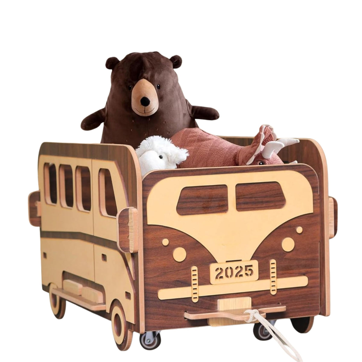 Wooden Foldable Toy Bus Shaped Storage for Kids Baby Toys Storage Kids Furniture Playroom Large Capacity with Wheels and Han