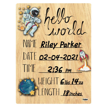 Cohas Hello World Newborn Baby Announcement Printed Wood Sign With Space Theme, 5 By 7 Inches, No Marker